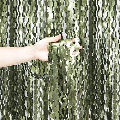 4 Pack Wavy Olive Green Streamers Backdrop Jungle Party Decorations - 3.3x6.6ft Foil Fringe Curtains Photo Booth for Dinosaur Animal St Patrick's Day Football Decor