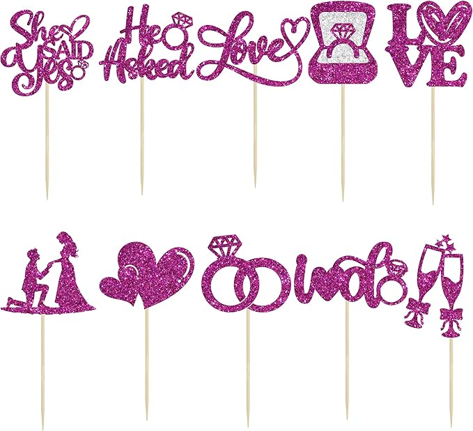 Ephlyn 30Pcs He Asked She Said Yes Cupcake Toppers Glitter Engagement Cupcake Toppers Diamond Ring Heart Love I Do Cupcake Picks for Engagement Wedding Party Cake Decorations Purple