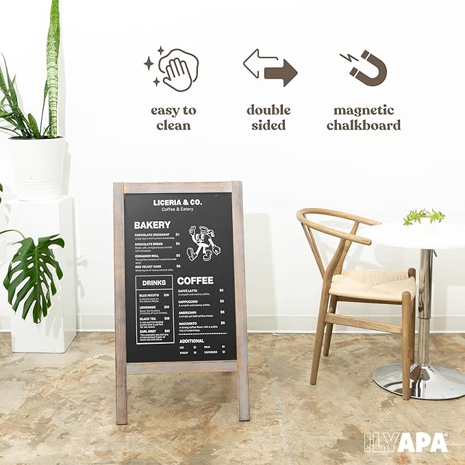 Ilyapa Wooden A-Frame Sign with Eraser & Chalk - 40 x 20 Inches Magnetic Sidewalk Chalkboard – Grey Menu Display for Restaurant, Business or Wedding
