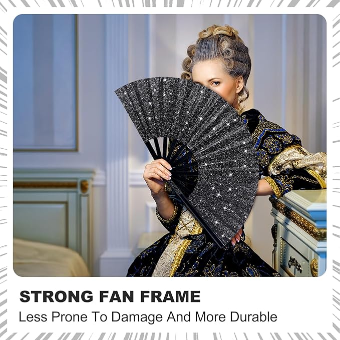 Thyle 6 Pcs Large Folding Fan for Line Dancing Bulk Boots on The Ground Hand Fan Black Popping Clapping Party Favors Decoration Gift for Edm Festival Club Summer(Classical)