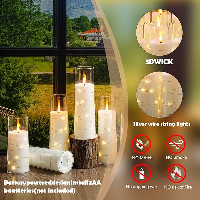Flameless Candles with Embedded Star String - Battery Operated LED Candles, with Remote,12 White Flickering Candles for Christmas, Weddings, Home Decor & Party,(D 2.3"×H 5" 6" 7")