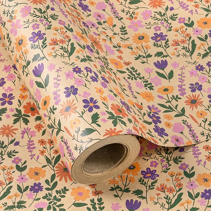 WRAPAHOLIC Kraft Floral Wrapping Paper Roll - Mini Roll - 17 Inch x 33 Feet - Vintage Flower Wrapping Paper, Perfect for Wedding, Birthday, Bridal Shower, Tea Party