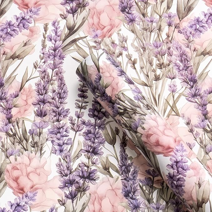 WRAPAHOLIC Kraft Floral Wrapping Paper - Mini Roll - 17 Inch x 16.5 Feet - Purple Lavender Flower Wrapping Paper for Wedding, Birthday, Bridal Shower, Tea Party, Drawer Liners, Home Closet Shelves