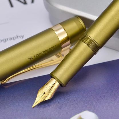 HONG DIAN M2 Black Forest Mini Fountain Pen, Fine Soft Nib & Sleek Shape Aluminium Short Pocket Travel Pen (Olive Green)