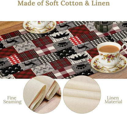 Rustic Farm Table Runner,Vintage Woodland Deer Bear Animal Buffalo Plaid Print Tablecloth Burlap for Hotel Indoors Outdoor Dining Room Kitchen Home Decor,W13X L90 in