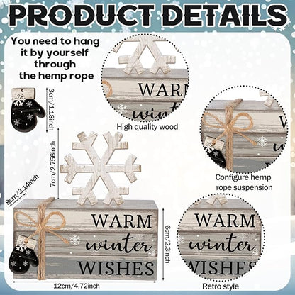 4 Pcs Winter Christmas Decor Winter Table Decorations Christmas Tiered Tray Decor Centerpiece Decorations Indoor Rustic Wooden Snowflake Block Sign Gift Farmhouse for Home Kitchen Shelf