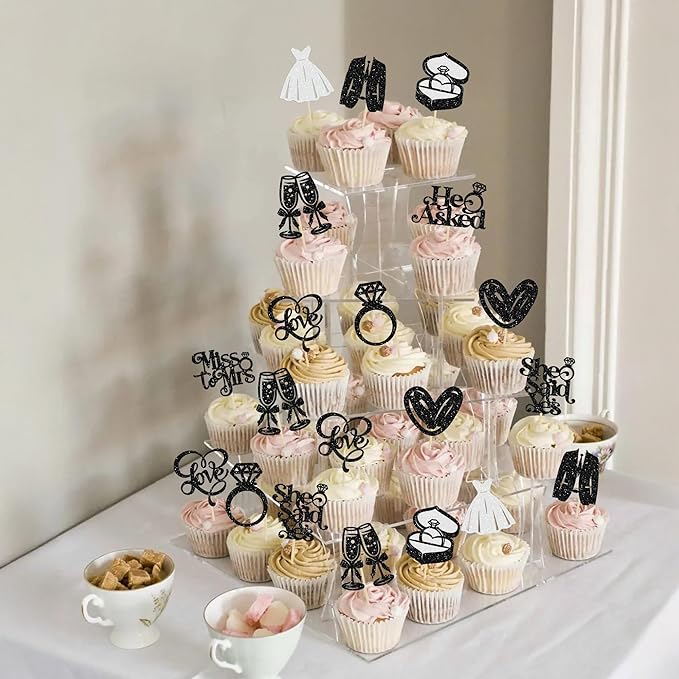 Gyufise 30Pcs She Said Yes Cupcake Toppers Glitter Diamond Ring I Do Love Cupcake Picks Miss to Mrs He Asked Bridal Shower Wedding Engagement Bachelorette Cake Decoration Black