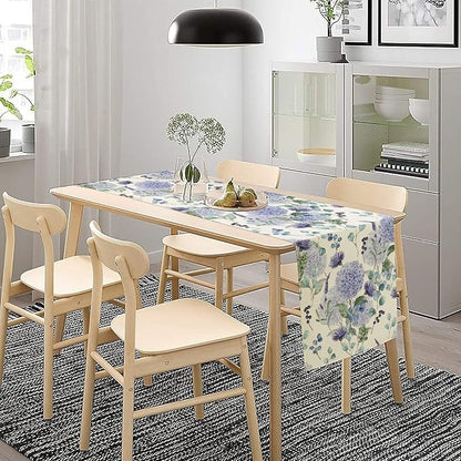 Spring Hydrangea Flower Table Runner, Seasonal Summer Plants Watercolor Eucalyptus Leaves Purple Florals Dinner Runner for Home Kitchen Dining Table Party Holiday Decoration 13"x90"