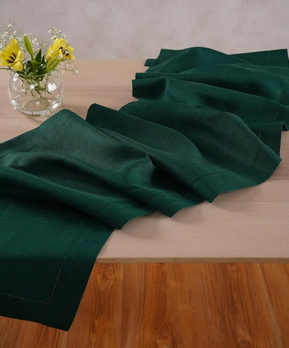 Linen Table Runner 14 x 90 Inch Long - 100% Pure Linen Christmas Green Table Runner - Cloth Fabric Hemstitch Runner for Thanksgiving, Christmas, Winter, New Year - Elara