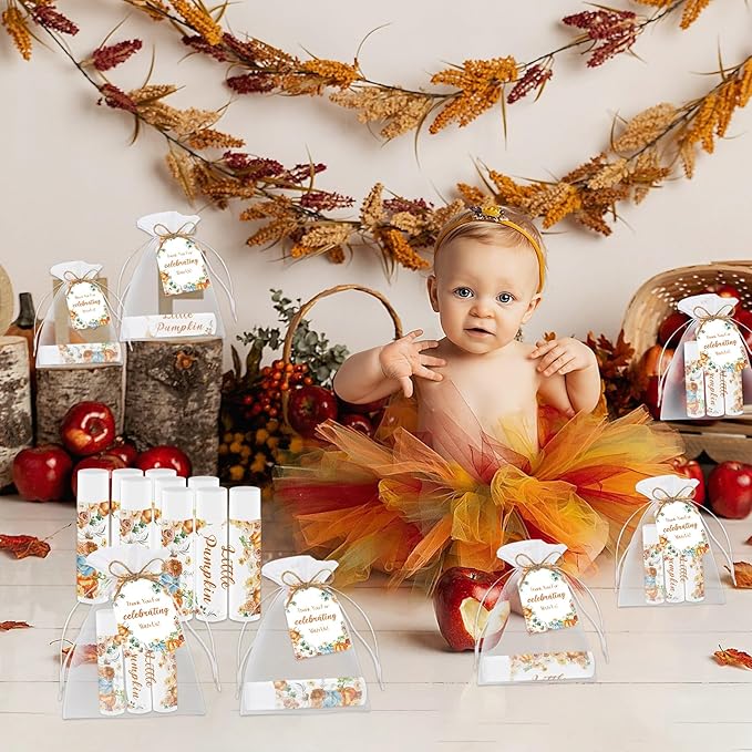 50 PCS Baby Shower Lip Balms for Guests, Boys Girls Neutral Gender Reveal Baby Shower Party Favors with Thank You Card Tags Thanksgiving Decorations Pumpkin Flower