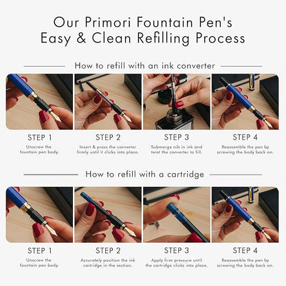 Wordsworth & Black Primori Fountain Pen Set - Blue Gold, Medium Nib, Gift Case, 24 Ink Cartridges, Refill Converter, Manual, Smooth Writing, Left & Right Handed