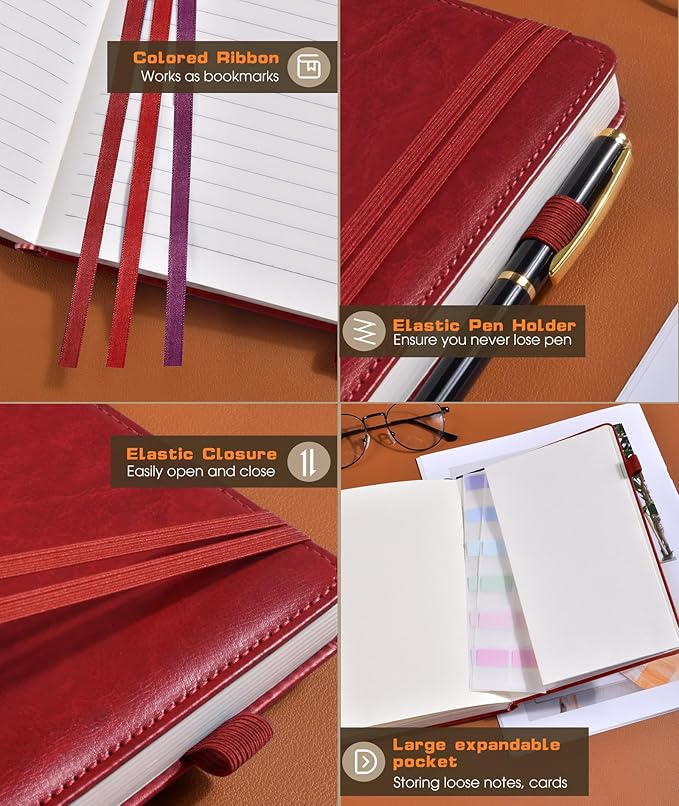 Lined Journal Notebook for Women Men, 256 Numbered Pages Hardcover Leather Journals for Writing, A5 Journaling Notebooks, College Ruled Journal for Business Work School 5.75" x 8.38" Wine Red