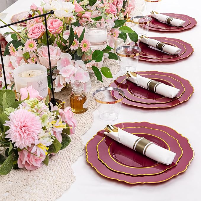 Liacere 350PCS Red Plastic Plates-Disposable Burgundy Red and Gold Plates 50guest Baroque Plastic Dinnerware include 100Plates, 50Pack Pre Rolled Napkins with Silverware 50Cups for Girlfriends' Day