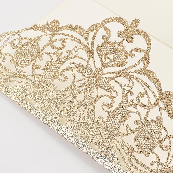25pcs Gold Glitter Laser Cut Invitations Tri-Fold Blank Personalized Wedding Invitations Pocket With Envelopes and Rsvp Cards for Wedding Bridal Shower Quinceanera 15 Anos Invite