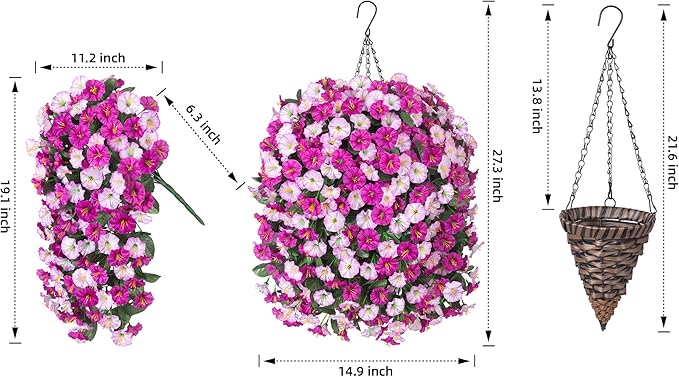 Artificial Fake Hanging Flowers Basket for Outdoor Indoor Decoration,UV Resistant Faux Silk Light Fuchsia and Fuchsia Morning Glory Flowers Plants Realistic Hanging Planter for Outside Home Porch Yard