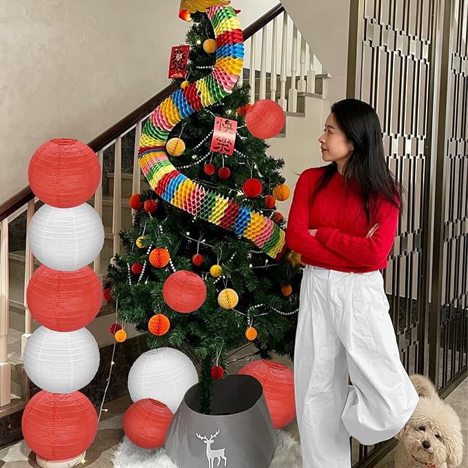 12Pcs Round Paper Lanterns Assorted Sizes (6" 8" 10" 12") for Home Decor, Restaurant, Church, Wedding, Birthday Party Decorations, Hanging Chinese Japanese Paper Lantern Lamps (White and Red)