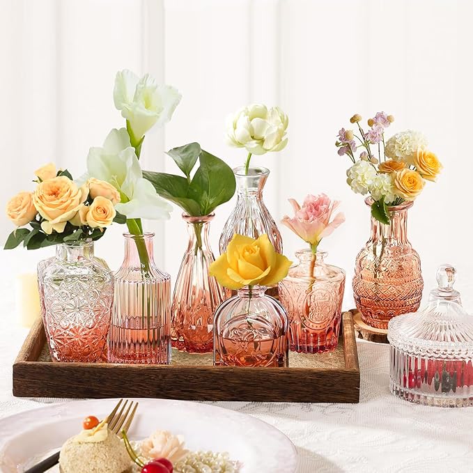 Amber Glass Bud Vase Set,20Pcs Small Glass Vase for Flowers, Clear Bud Set in Bulk,Mini Single Vintage Design for Centerpiece Rustic Wedding Decorations Home Table Flower Décor