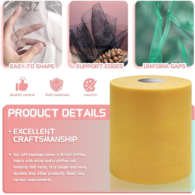 6" x 200 Yards Aztec Gold Tulle Fabric Rolls, Yellow Ochre Spool Tulle Ribbon for DIY Tutu Skirt Wedding Decoration Baby Shower Birthday Party Backdrop Christmas Gift Wrapping Bow Craft Supplies