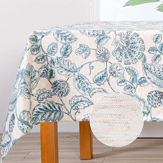 MYSKY HOME 60x120 Rectangle Tablecloth Linen Farmhouse Tablecloth Waterproof Decorative Fabric Table Cloth for Indoor&Outdoor, Spring Floral Tablecloth for 8 Feet Table, Blue, Washable