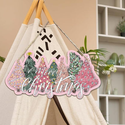 CGBHW Pink and Green Christmas Tree Wooden Sign, Merry Christmas Decoration Hanging Sign Wall Decor, Pink Christmas Holidays Theme for Home Office Girls College Dorm Door Decor 12 x 6 Inch