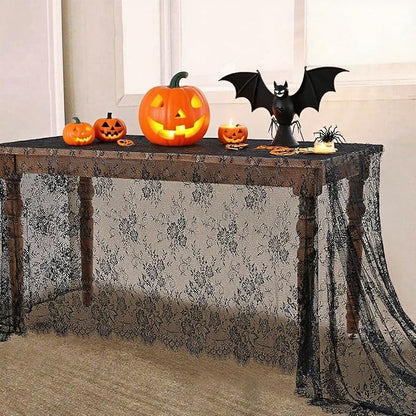 Black Tablecloth Halloween Lace Table Fabric 2pcs 60x120 Inch for Scary Movies Rustic Wedding Bridal Shower Party Decoration Rectangle Overlay Vintage Embroidered Reception Table Cloth Decor
