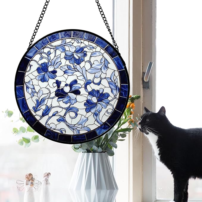 Stained Glass Window Hanging, Blue and White Abstract Flowers Sun Catcher for Door Home Decor Suncatcher Christmas Mother's Day Birthday Gifts for Women Men Mom and Nana 6.3 in