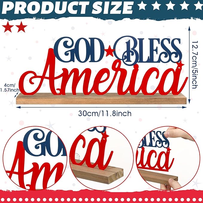 Patriotic God Bless America Metal Sign Rustic Table Decor Holiday Tiered Tray Decor with Wooden Base Freestanding Metal Word Sign for Home Tabletop Centerpiece Mantel Shelf Fireplace