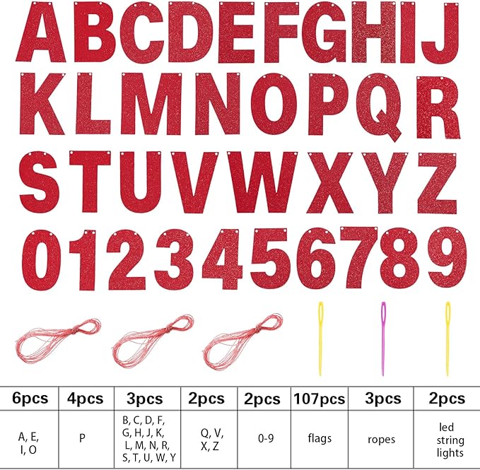 TaoBary 112 Pcs DIY Letter Kit Glitter Customizable Banner Letters Include 107 Letters and Numbers 3 Rope and 2 Needles for Birthday Halloween Christmas Wedding Valentine Party Decor(Red)