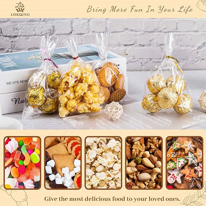 LOKIQNG Cellophane Bags Plastic Treat Bag Clear Cookie Candy Bags with Twist Ties for Party Favor Bag(200PACK, 4x6inch)