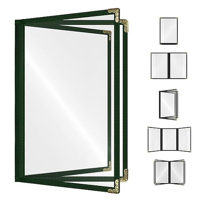 Goodsmart Restaurant Menu Covers – 25 Pack Green 6-View Booklet 5.5" x 8.5", Side-Loading Vinyl & Plastic Menu Holders, Clear Menu Sleeves, Leather-Style Café Covers with Gold Corners