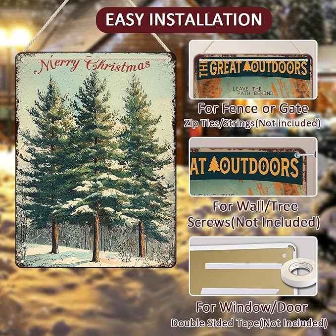 Vintage Christmas Decor Sign Christmas Tree Metal Tin Sign Merry Christmas Retro Tin Sign for Holiday Wall Decor Outdoor Cafe Living Room Bedroom 12x16Inch