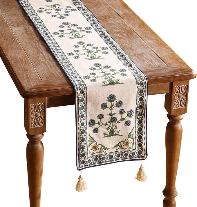 patdrea Designer Blue Rustic Elegant Floral Patterned Linen Table Runner 87 Inch Long,Wrinkle Resistant Table Mat,Decoration for Kitchen Dining and Coffee Tables Banquet Christmas , 12"x87"