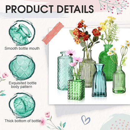 Yaomiao 30 Pcs Vases Bulk Colored Flower Glass Vases Bud Vintage Colored Glass Bottles Colorful Rustic Embossed for Home Wedding Table Decorations Gifts(Green Series)