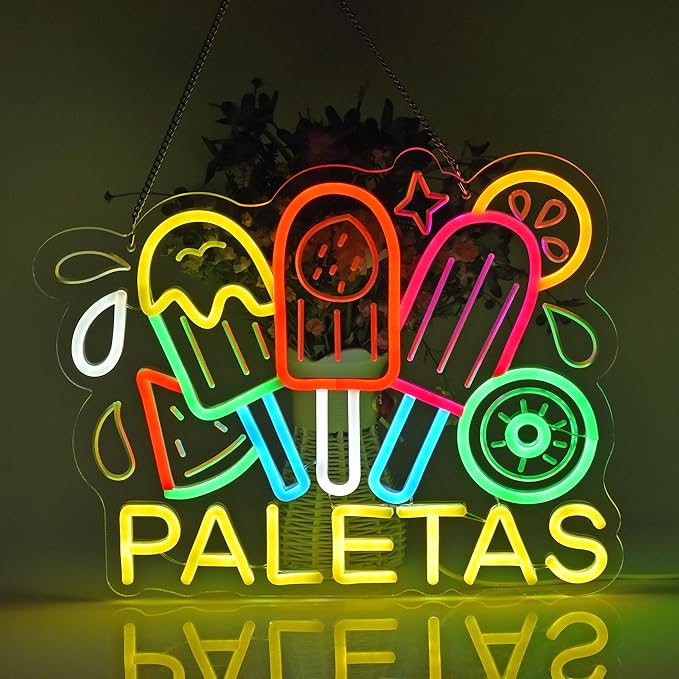 CNBEYOUNG Paletas Neon Sign, Neon Lights Hanging Wall Art Decoration for Mexican Restaurant Popsicle Ice Pop Shop Bar Kitchen Party Home Decor, USB - Driven, Super Bright & Adjustable,16x 12.6inches