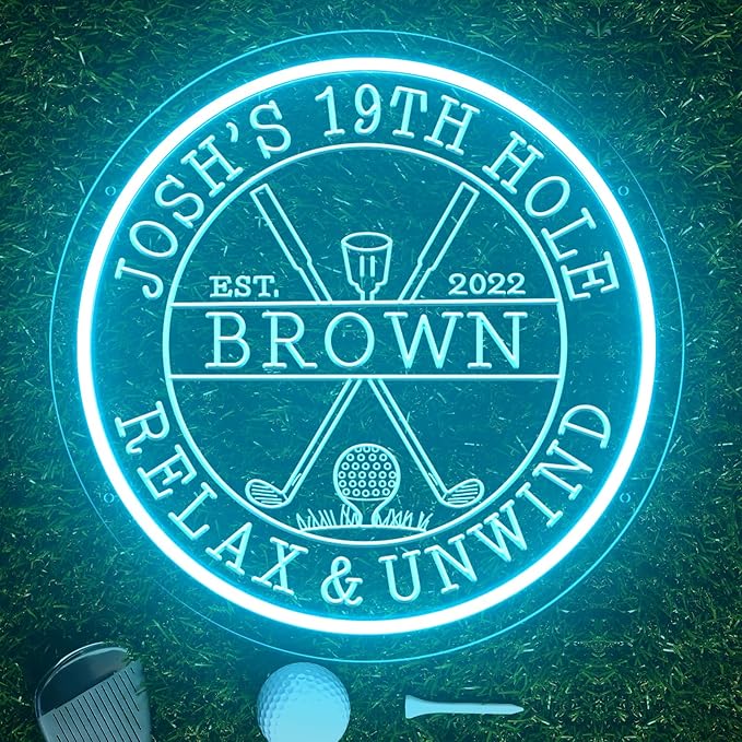 Custom LED 19th Hole Golf Neon Sign, Personalized Neon Name Signs for Wall Decor, Dimmable Light Up Signs Customizable for Golf Clubs Bar Man Cave Lounge Party Clubhouse, Golfer Men Dad Gifts