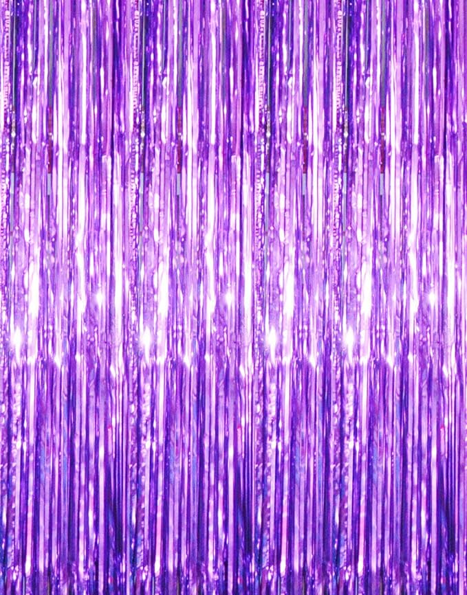 GOER 6.4 ft x 8.2 ft Metallic Tinsel Foil Fringe Curtains,Pack of 2 Party Streamer Backdrop for Halloween Birthday,Graduation and New Year Eve Party Decorations (Purple)