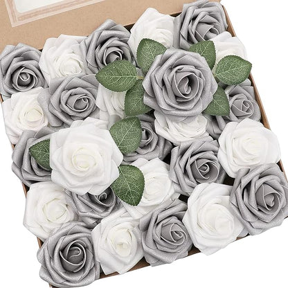 Floroom Artificial Flowers 25pcs Real Looking Shimmer Silver Grey Foam Fake Roses with Stems for DIY Christmas Ornaments Wedding Bouquets Party Tables Centerpieces Floral Arrangements Home Decorations