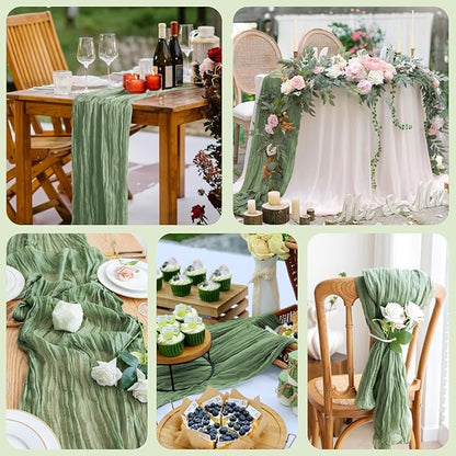 Asee'm 4pcs Cheesecloth Table Runner 120 Inches Sage Green Boho Gauze Cheese Cloth Runner 10FT Rustic Sheer Table Runners for Summer Wedding Baby Shower Holiday Party Decoration