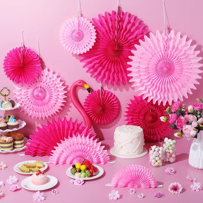 Outus 12 Pcs Hanging Honeycomb Paper Fans Sets, Fiesta Hot Pink Party Decorations, Tissue Paper Flowers Supplies for Birthday Wall Classroom Wedding Photo Backdrop (8/12/16 Inch)