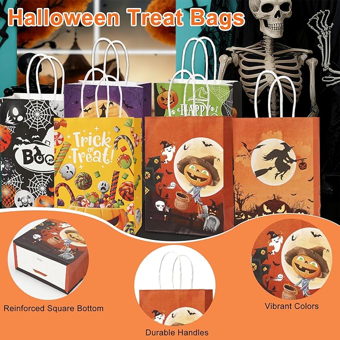 24 Pcs Halloween Paper Gift Bags, 6 Styles Halloween Goodie Bags with Handles, Halloweens Treat Bag Party Favors Bag Holiday Trick or Treat Party Supplies