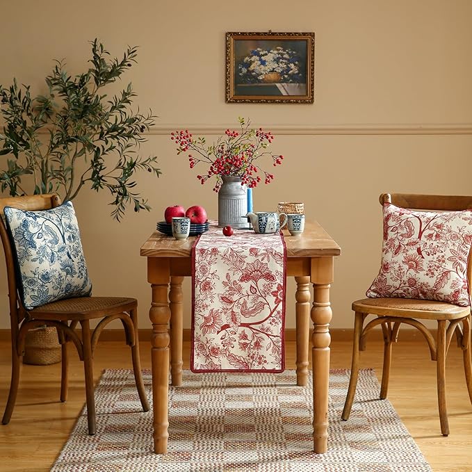 ISAENNE Designer Chinoiserie Elegant Linen Table Runner 87 Inches Long,Red Floral Pattern Decor Table Runners for Thanksgiving,Dining Room,Banquet,Kitchen Tables,Christmas,12"*87"-Ruyi A