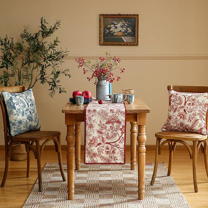 ISAENNE Designer Chinoiserie Elegant Linen Table Runner 87 Inches Long,Red Floral Pattern Decor Table Runners for Thanksgiving,Dining Room,Banquet,Kitchen Tables,Christmas,12"*87"-Ruyi A