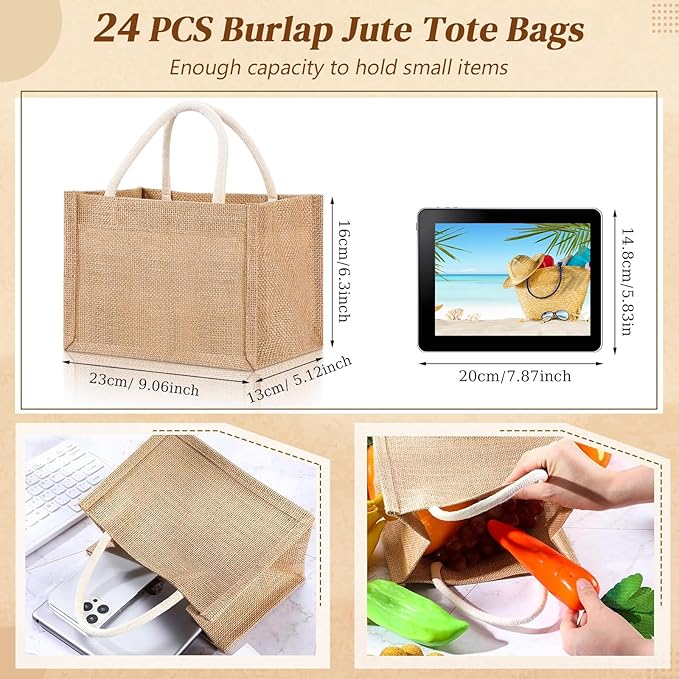 Cunno 24 Pcs Burlap Tote Bag Mini Jute Reusable Waterproof Bag with Handles Small Blank Canvas for Wedding Beach DIY Gift(Classic,9.06 x 6.3 x 5.12)