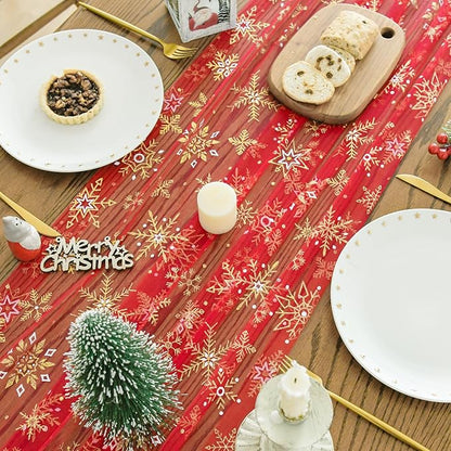 Artoid Mode Red Gold Snowflakes Christmas Gauze Table Runner 120 Inch 10FT, Winter Seasonal Sheer Dining Holiday Wedding Table Decor for Home Party