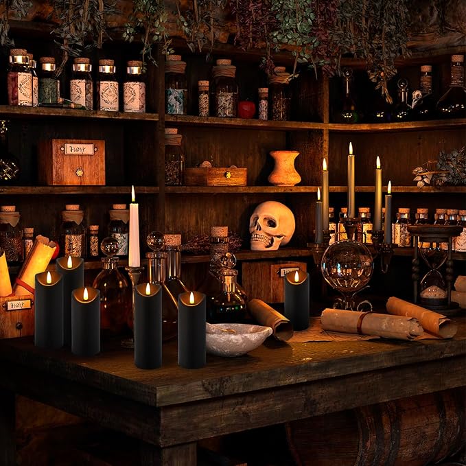 24 Pack Halloween Decoration Flickering Flameless Candles, Battery Operated LED Pillar Candles with Remote Control and Timer.for Home Decor (D2.2 xH 5" 6" 7" Black)