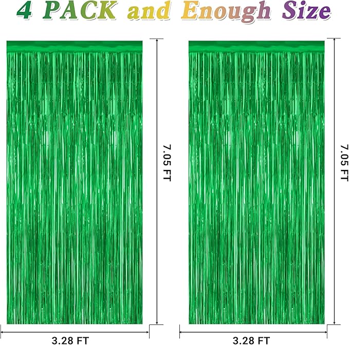 4 Pack Green Streamers, 3.28 FT x 7.05 FT Birthday Tinsel Backdrop, Metallic Green Foil Fringe Curtains Photo Booth Backdrop, Green Jungle Theme Decorations Birthday Decor