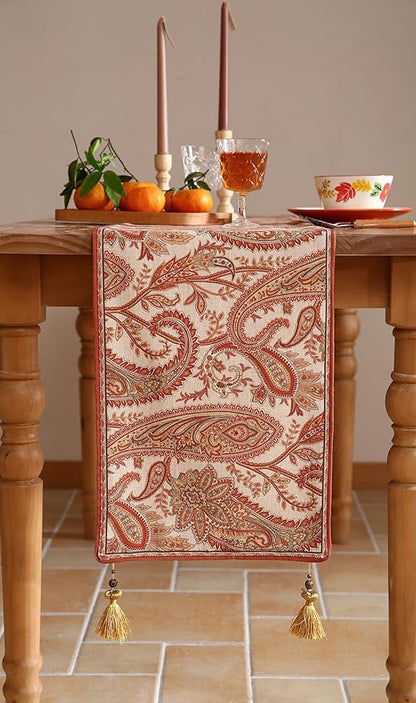 ISAENNE Designer Elegant Red Linen Table Runner 87 Inches Long,Vintage Paisley Pattern Durable Table Runners for Dining Tables,Thanksgiving,Kitchen Tables,Christmas,12"*87"-Chauffrey A