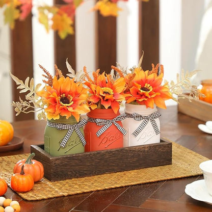 Thanksgiving Fall Mason Jar Centerpiece for Table with Artificial Flowers, Set of 3 Mason Jars Farmhouse Decor Decorative Jars for Thanksgiving Home Decor, Thanksgiving Dinner Table Centerpiece