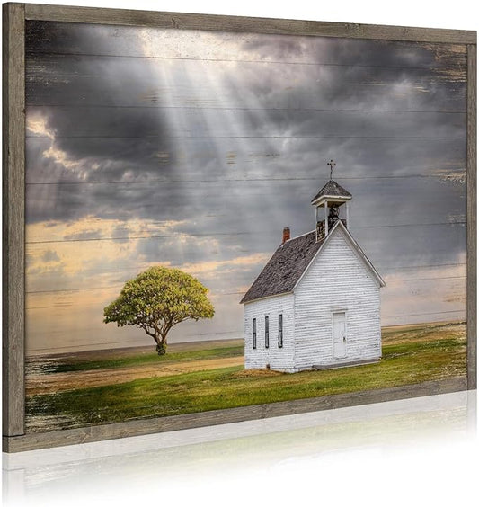 Wooden Barn Landscape Artwork Painting - Rustic Handcrafted Framed Countryside Picture Wall Art for Home Wall Decor