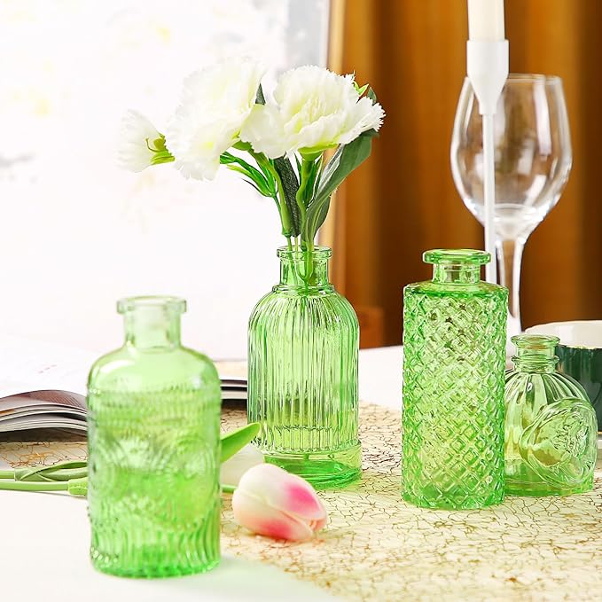 Charm Glass Bud Vases, Small Flower Vases in Bulk for Centerpieces, Vintage Mini Vases for Wedding Decor, Home Table Decorations Diffuse Bottles,Ideals (Pack of 30,Light Green)